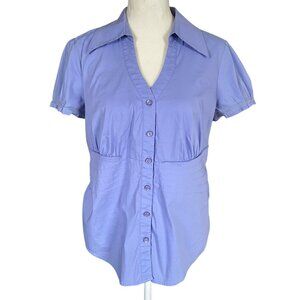 Alfani women's size 8 blue v-neck collared short sleeve button down blouse top